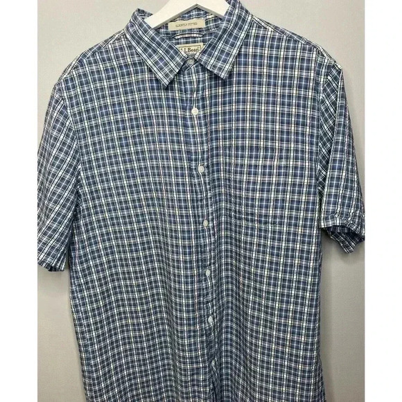 LL Bean Shirt, Short Sleeve, Button Down Mens Large Blue Plaid Slightly Fitted - Picture 1 of 4
